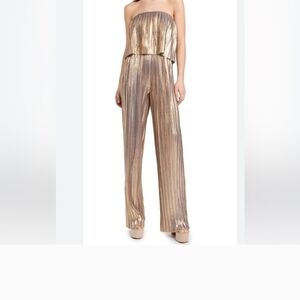 NWT Amanda Uprichard Gold Metallic Pleated Strapless Jumpsuit